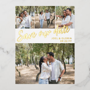 Gold Script 4 Photos Wedding Save Our Date Foil Invitation Postcard