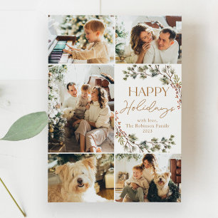 Gold Script 5 Photo Happy Holidays Card