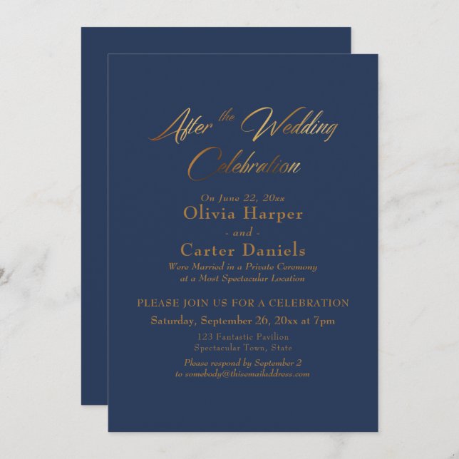 Gold Script After the Wedding Celebration Navy Invitation (Front/Back)