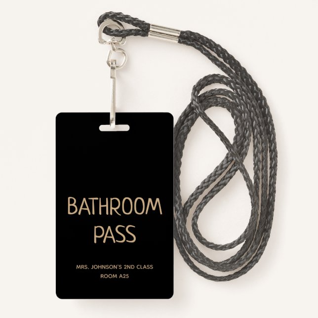 Gold Script Back To School Bathroom Hall Pass ID Badge (Front with Lanyard)