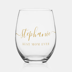 Gold Script Best Mum Ever Script Monogram Stemless Wine Glass