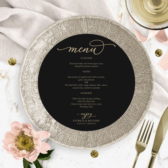 Gold Script Black Circle Menu Card For Plate (Creator Uploaded)