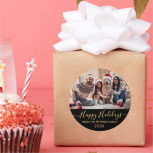 Gold Script Black Family Photo Happy Holidays Classic Round Sticker