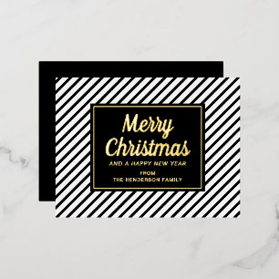 Gold Script Black White Striped Merry Christmas Foil Holiday Postcard