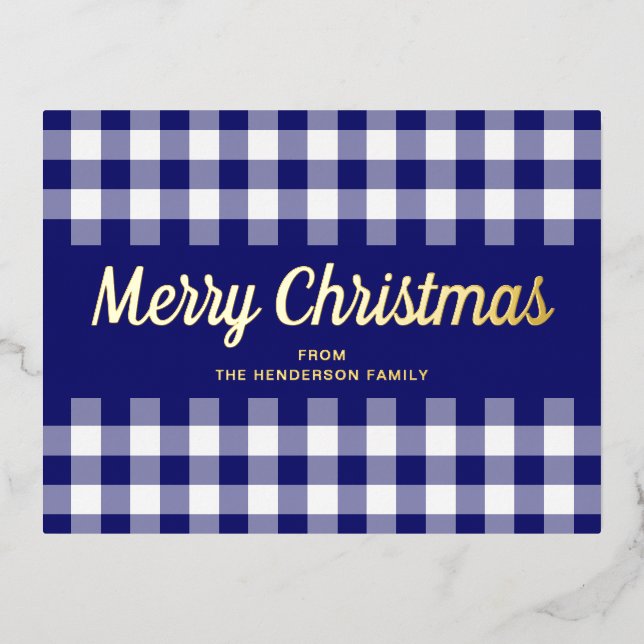 Gold Script Blue Gingham Merry Christmas Foil Holiday Postcard (Front)