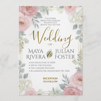 Gold Script Blush Pink Dusty Blue Floral Wedding Invitation