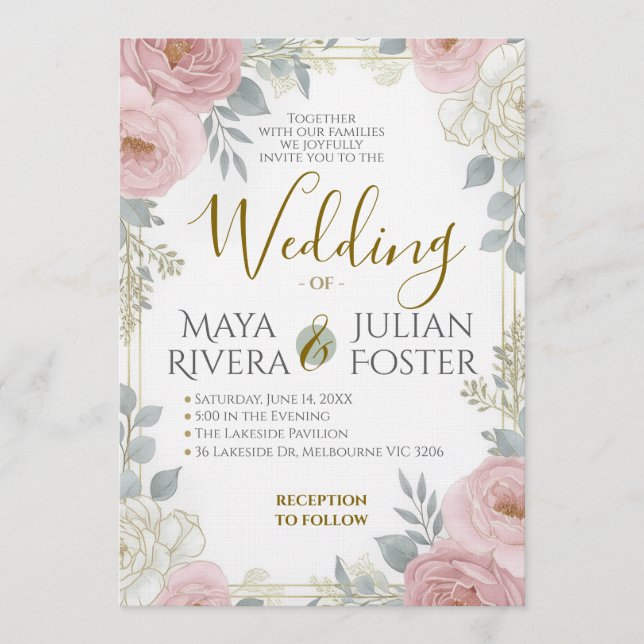 Gold Script Blush Pink Dusty Blue Floral Wedding Invitation (Front)