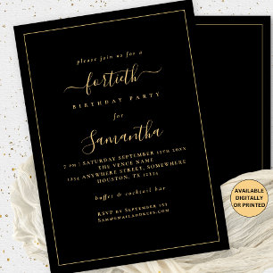 Gold Script Border 40th Birthday Party Black Invitation
