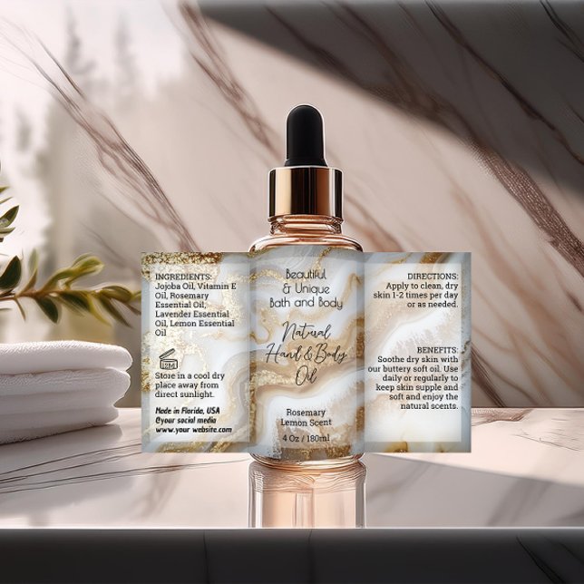 Gold Script Bottle Label 4oz Oil Dropper Product (gold white marble 4 ounce bottle product label)