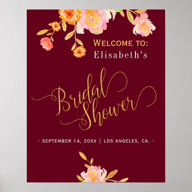 Gold script bridal shower fall floral welcome sign (Front)