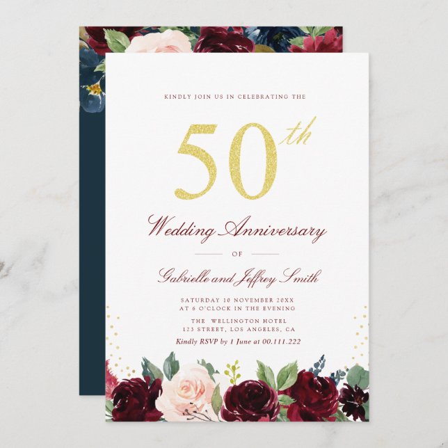 gold script burgundy navy 50th wedding anniversary invitation (Front/Back)