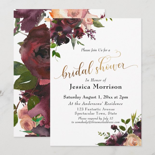 Gold Script Burgundy Painted Flowers Bridal Shower Invitation (Front/Back)