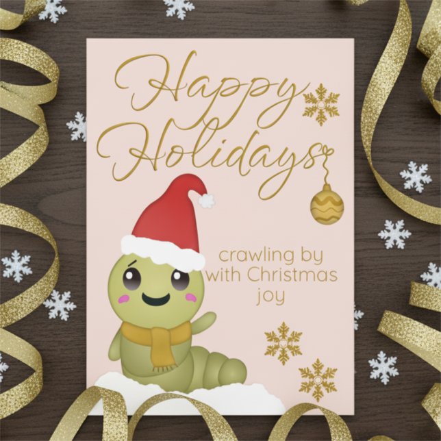Gold Script Cartoon Character Christmas Card (Surprise your friends or family with something cute this Christmas.)