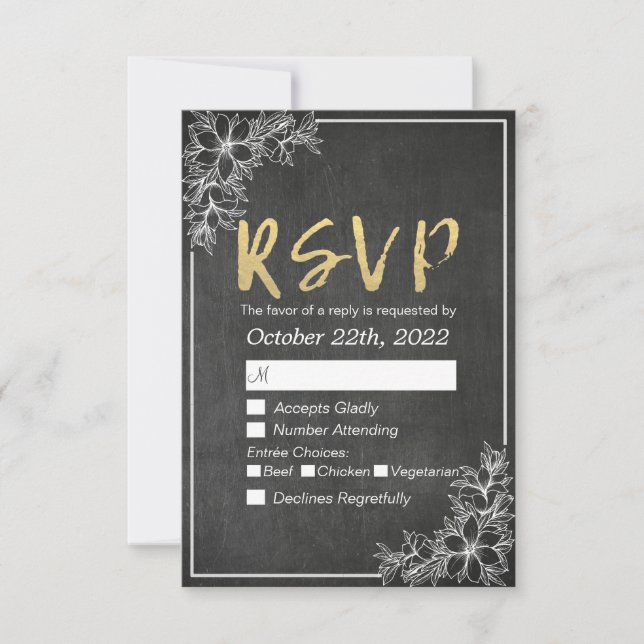 Gold Script Chalkboard Floral Wedding RSVP Reply Card (Front)