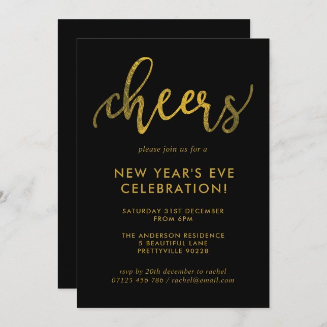 Gold Script Cheers New Year's Eve Party Invitation (Front/Back)