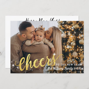 Gold Script Cheers to the New Year 3 Photo Holiday Card