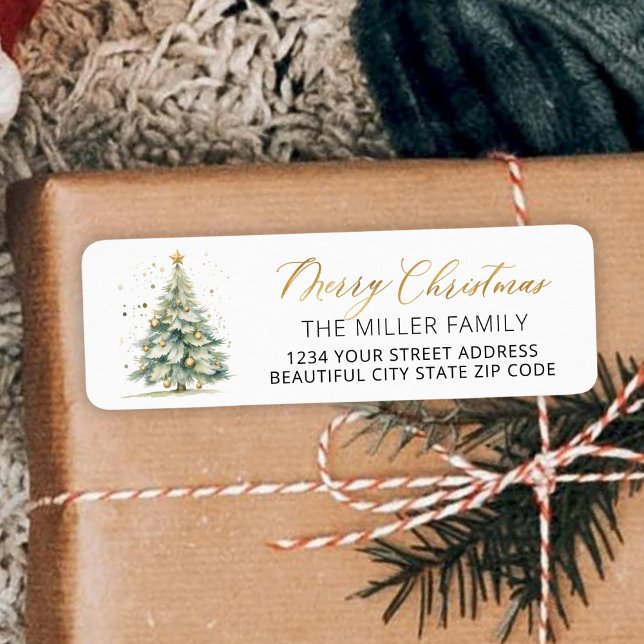  Gold Script Christmas Tree Return Address Label (Creator Uploaded)
