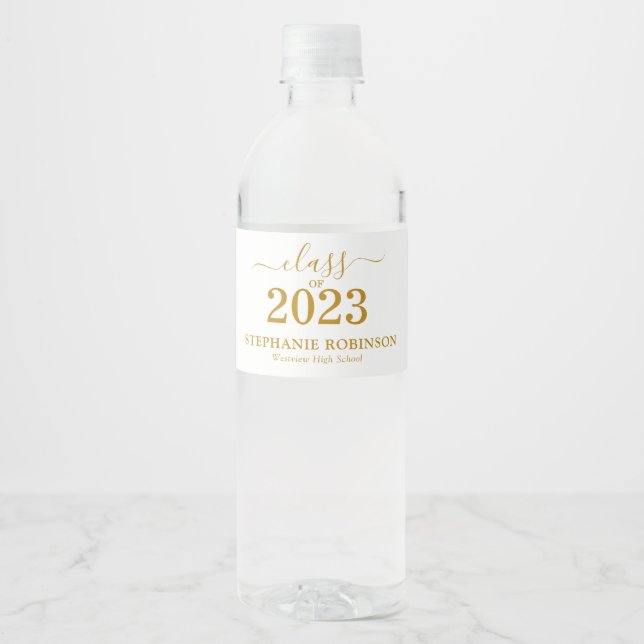 Gold Script Class of 2023 Graduation Party Water Bottle Label (Front)