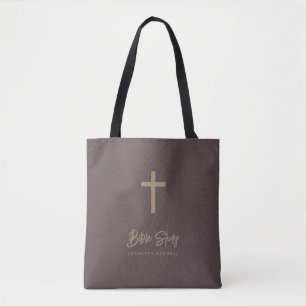 Gold Script Cocoa Brown Leather Look Bible Study Tote Bag