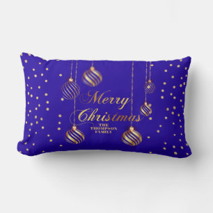 Gold Script Confetti Blue Family Christmas Balls Lumbar Cushion