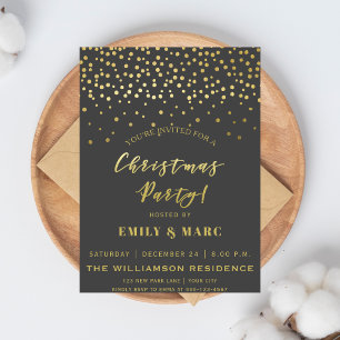 Gold Script & Confetti Christmas Party Invitation