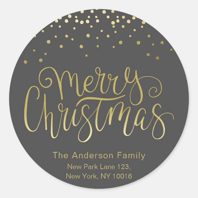 Gold Script & Confetti Christmas return Address Classic Round Sticker (Front)