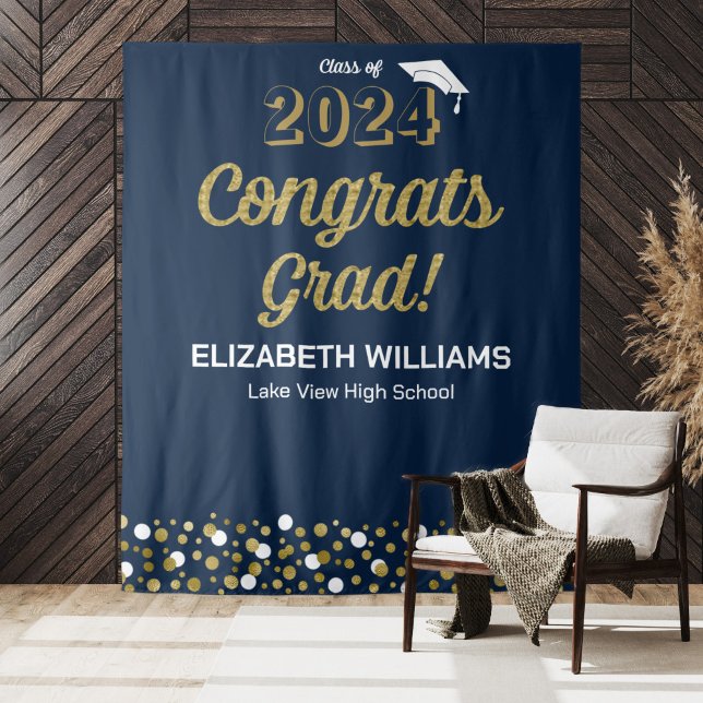 Gold Script Confetti Congrats Grad Blue Backdrop Tapestry (Creator Uploaded)