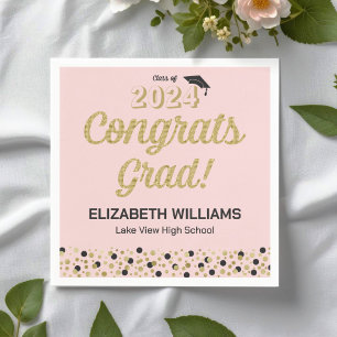 Gold Script Confetti Congrats Grad Pink Napkin