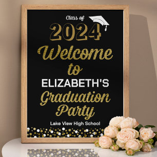 Gold Script Confetti Grad Party Black Welcome Sign