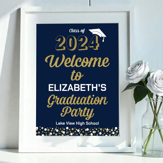 Gold Script Confetti Grad Party Blue Welcome Sign (Creator Uploaded)