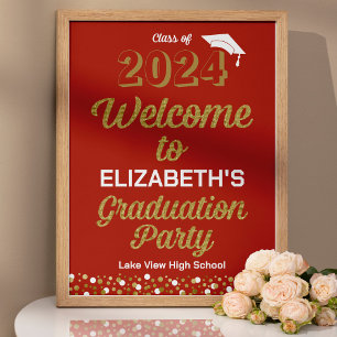 Gold Script Confetti Grad Party Red Welcome Sign