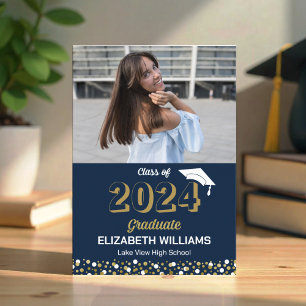 Gold Script Confetti Photo Blue Grad Announcement