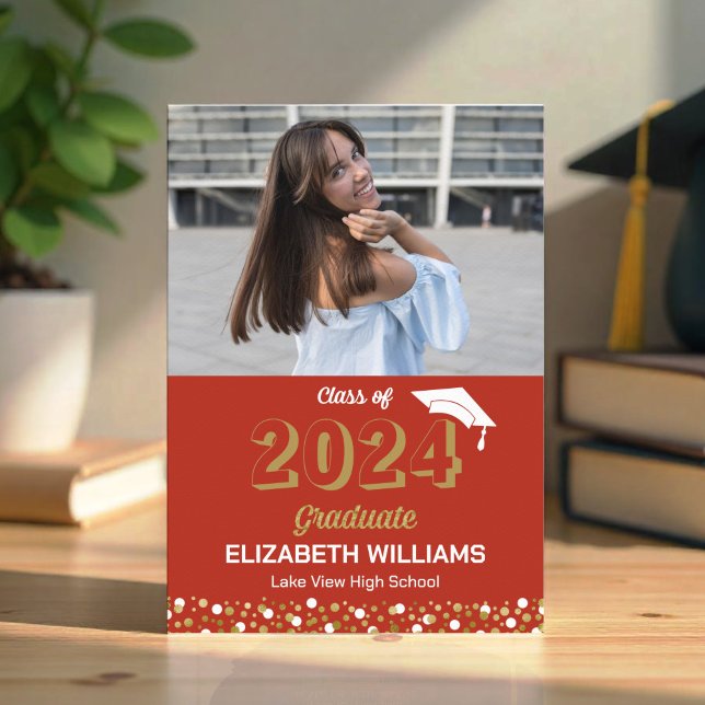 Gold Script Confetti Photo Red Grad Announcement (Creator Uploaded)