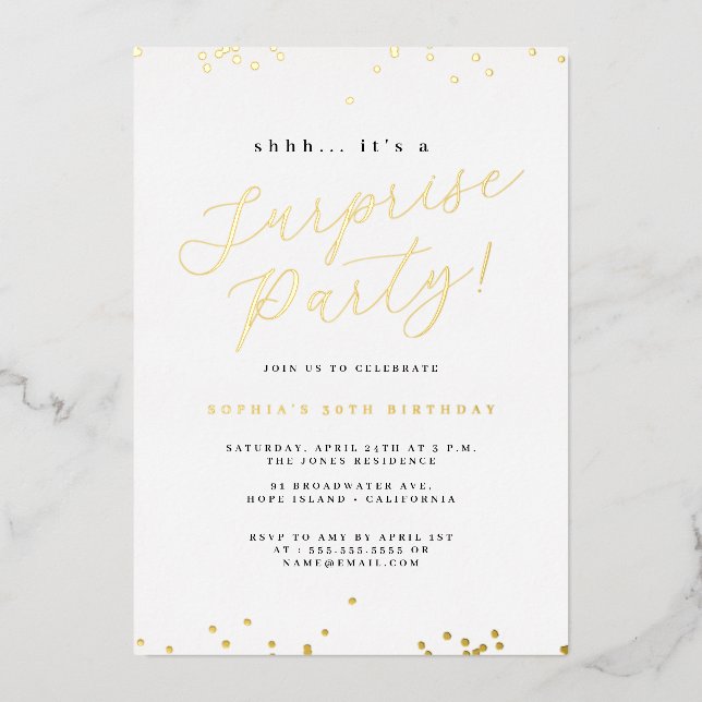 Gold Script Confetti Surprise Party (Front)