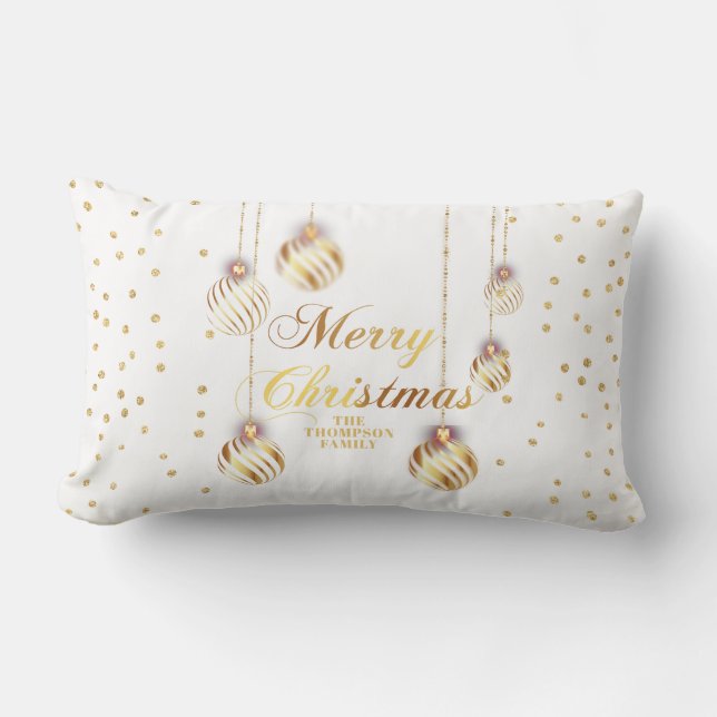 Gold Script Confetti White Family Christmas Balls Lumbar Cushion (Front)