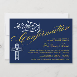 Gold Script Confirmation Text with Cross and Dove Invitation