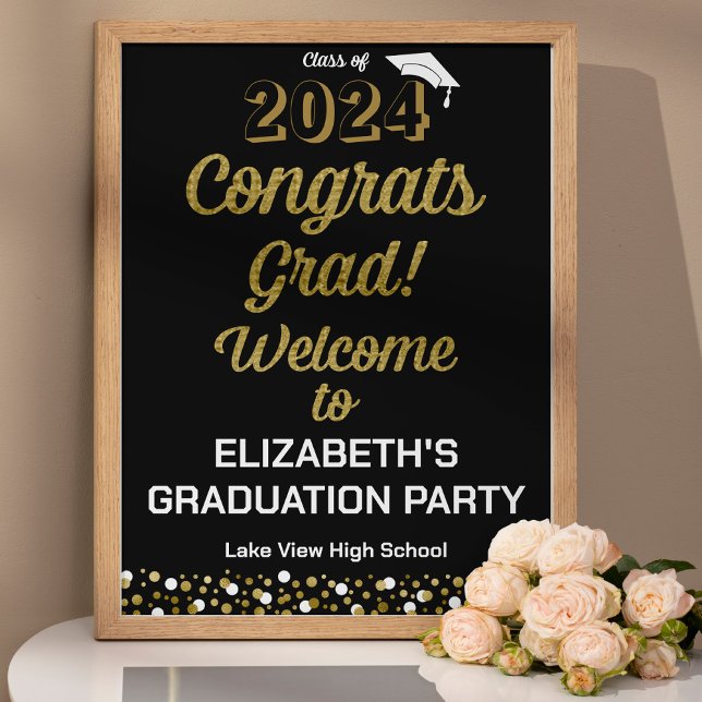 Gold Script Congrats Grad Black Welcome Sign (Creator Uploaded)
