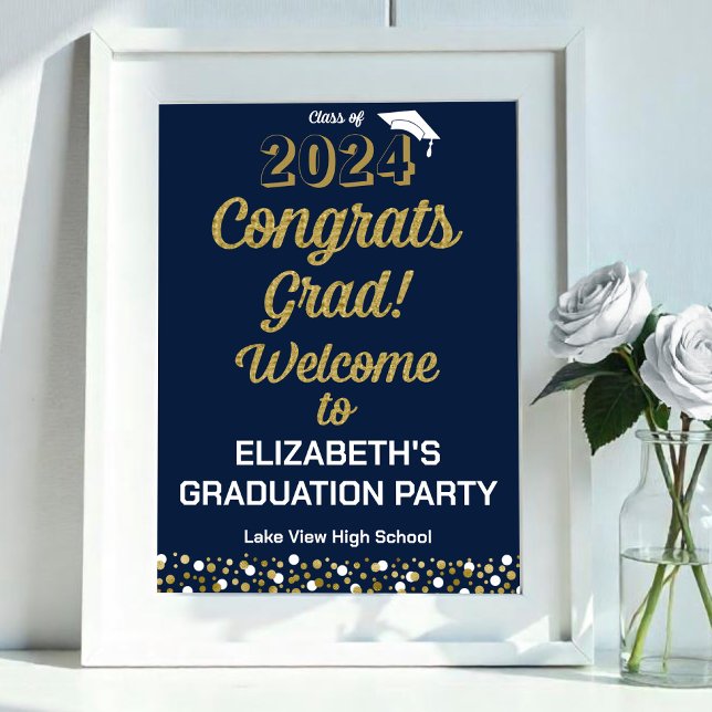 Gold Script Congrats Grad Blue Welcome Sign (Creator Uploaded)