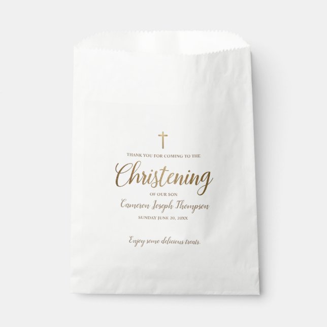 Gold Script Cross Christening Thank you Treat Favour Bags (Front)