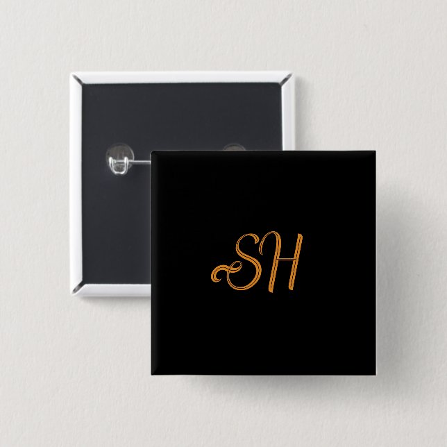 Gold script custom initials black 15 cm square badge (Front & Back)