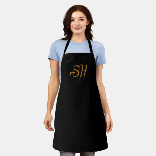 Gold script custom initials black apron