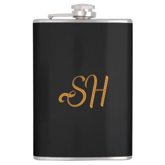 Gold script custom initials black hip flask