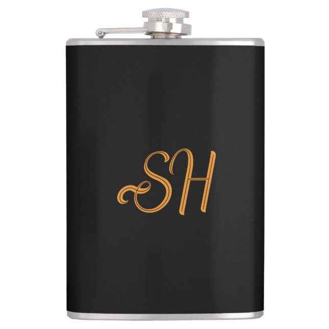 Gold script custom initials black hip flask (Front)