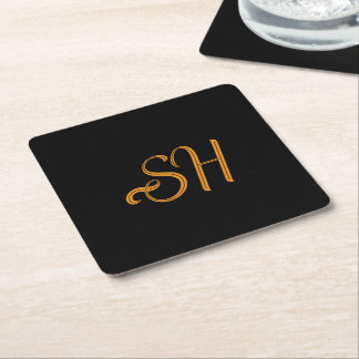 Gold script custom initials black square paper coaster