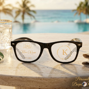 Gold Script & Custom Monogram Personalised Wedding Retro Sunglasses