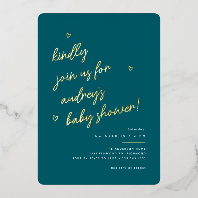 Gold Script | Dark Teal Gender Neutral Baby Shower (Front)