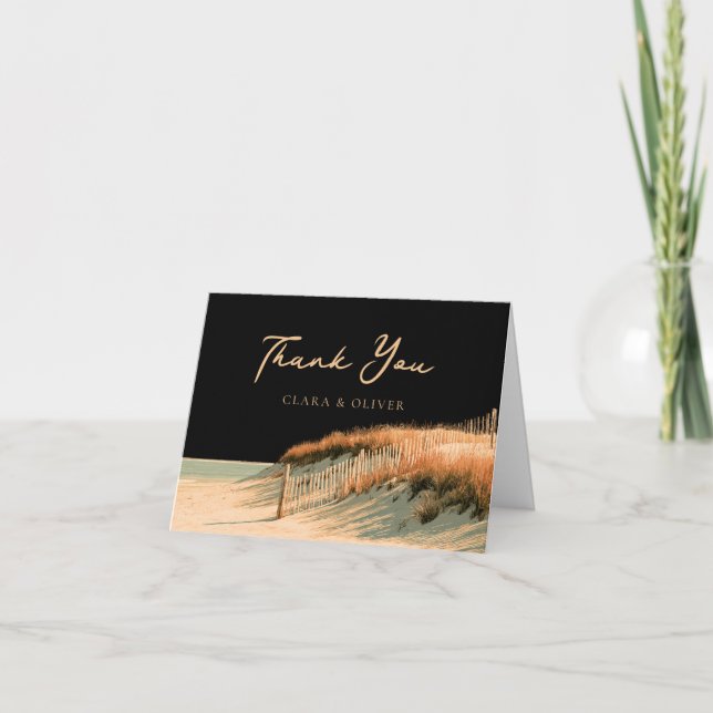 Gold Script Dune Fence Cape Cod Beach Wedding  Thank You Card (Front)