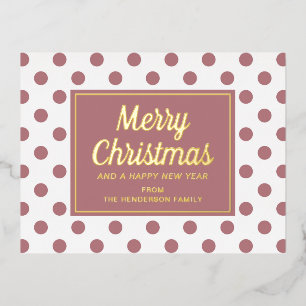 Gold Script Dusty Pink Polka Dots Merry Christmas Foil Holiday Postcard