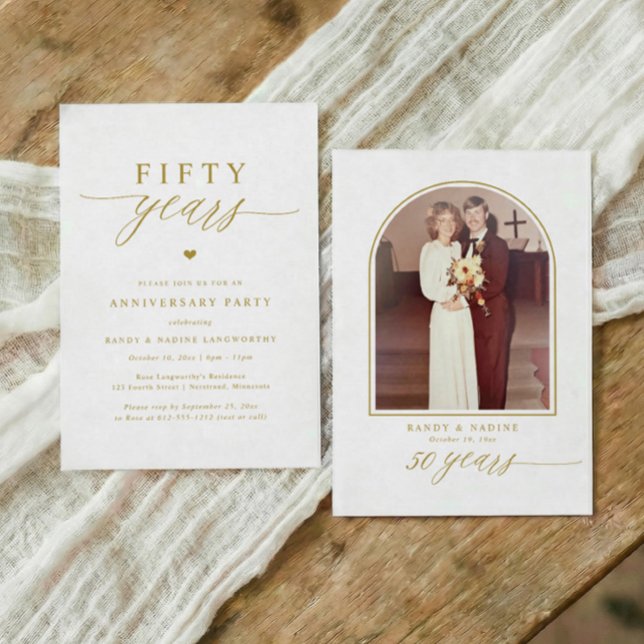 Gold Script Elegant 50th Wedding Anniversary Party Invitation (Elegant simple 50th Wedding anniversary invitations with arch photo on back.)