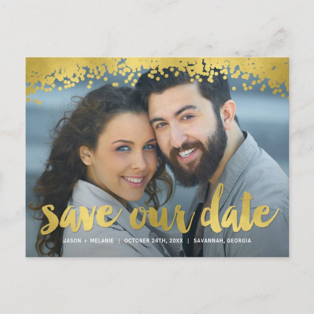 Gold Script Faux Foil Photo Save the Date Announcement Postcard (Front)